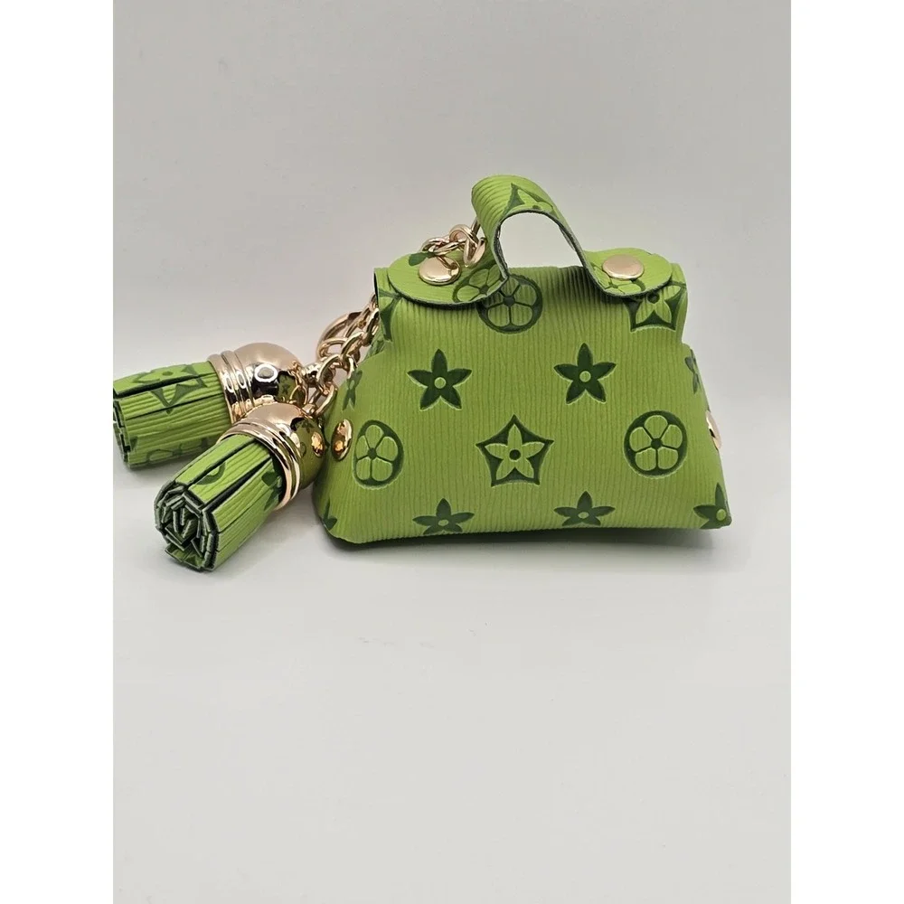 Mini Purse Key Chain Ring  Bag Purse Charm Tassel Monogram Faux PU Leather